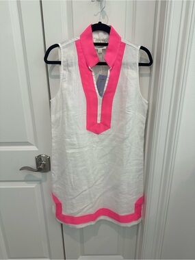 Sail to Sable Sleeveless White Linen Tunic with Pink Trim